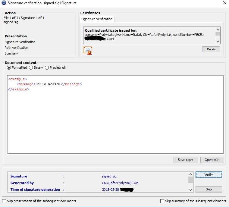 Podpisany plik - widok w Szafirze